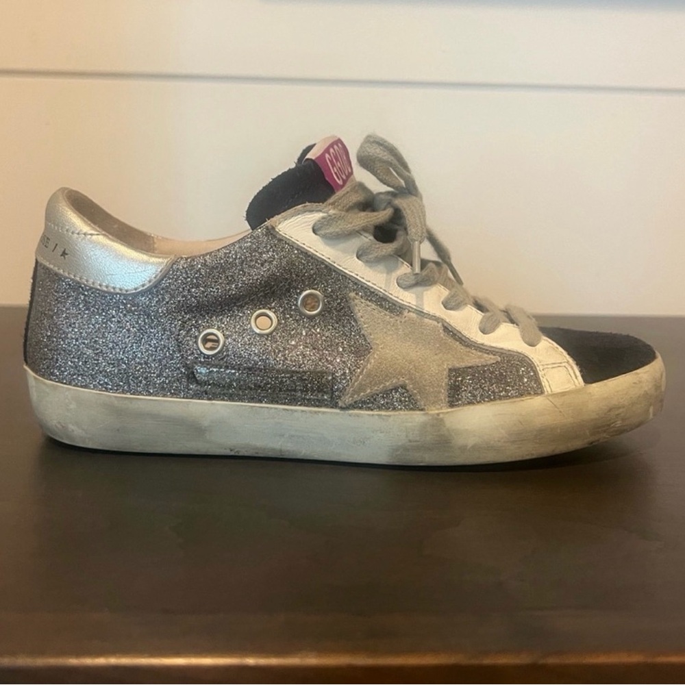 Golden Goose Silver and Navy Super Star Sneakers